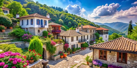 Naklejka premium Makrynitsa Village, Pelion, Greece: Picturesque Scenic View of Traditional Houses and Mountains