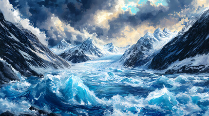 Obraz premium A close-up of melting glaciers with vivid blue ice and rushing meltwater, set against a backdrop of snow-capped mountains under a dramatic sky. Molten Sky Lakes. Illustration