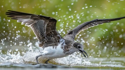 Obraz premium A seagull splashing through water while hunting for fish, surrounded by a lush green background