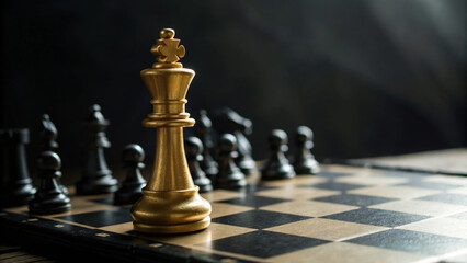 golden king chess piece stands in checkmate on dark chessboard