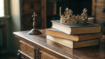 crown resting on stack of books symbolizes knowledge and royalty