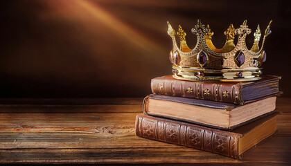 crown resting on stack of books symbolizes success on vintage wooden desk