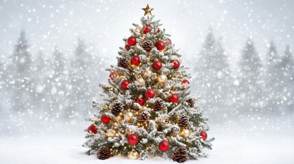 A beautifully decorated Christmas tree adorned with red and gold ornaments, pine cones, and a golden star, surrounded by a winter wonderland of falling snow.