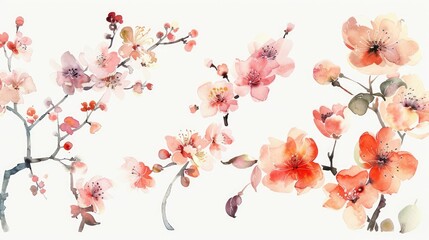 Delicate watercolor illustration of blooming cherry blossom branches, showcasing vibrant pinks and oranges, perfect for decor