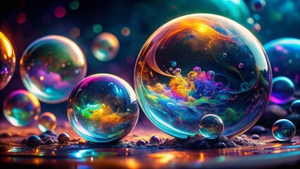 Mesmerizing Colorful Soap Bubbles Floating in Dark Space - Surreal Photography