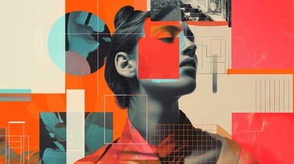 Abstract portrait of a woman surrounded by vibrant geometric shapes and textures, evoking creativity and modern art