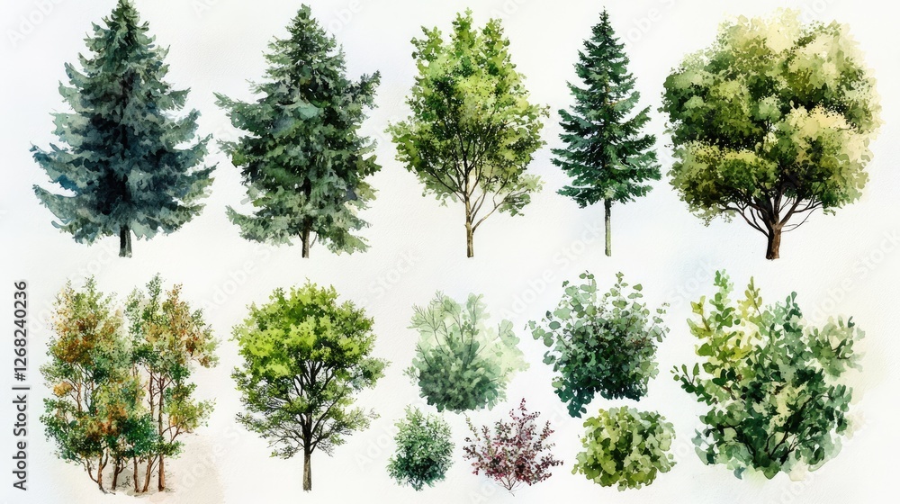 Wall mural A collection of various trees and shrubs illustrated in watercolor, showcasing diverse foliage styles