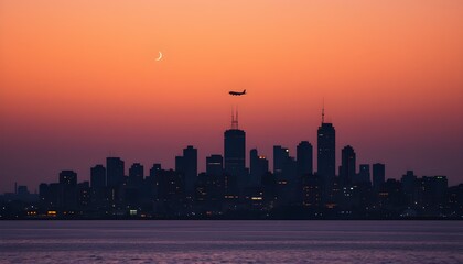 City Skyline at Sunset with Airplane – Urban Travel Concept