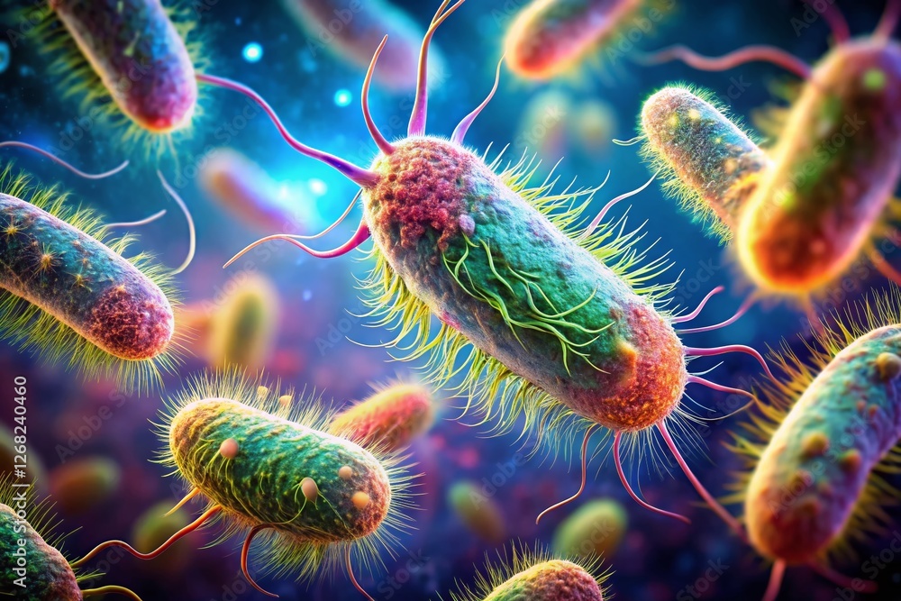 Poster Microscopic 3D Render of Bacillus Subtilis Bacterium with Peritrichous Flagella -  High-Resolution Stock Photo