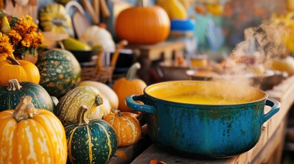 Autumn Harvest: A Rustic Still Life of Pumpkins and a Steaming Pot of Soup
