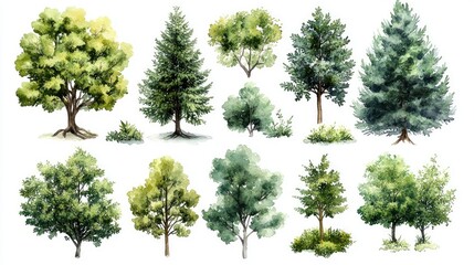 A collection of various watercolor tree illustrations showcasing different species and foliage styles