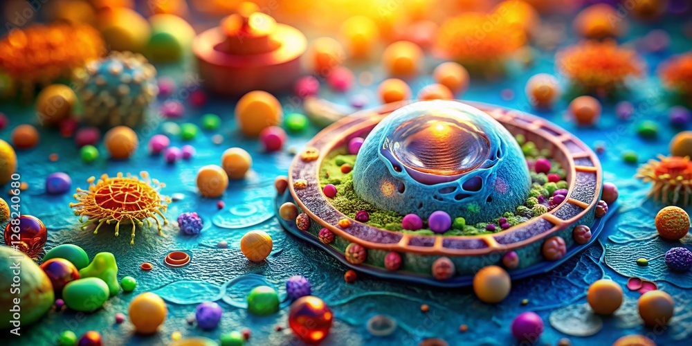 Poster microscopic cell structure: intricate molecular connections in a lab setting - tilt-shift photograph