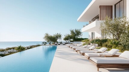 Obraz premium Coastal villa poolside relaxation; ocean view