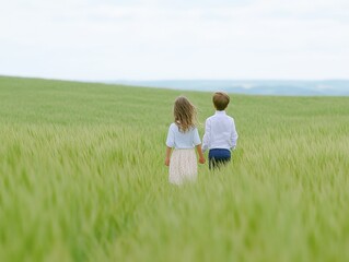 Naklejka premium Two young children walking hand in hand through lush green field symbolizing innocence childhood friendship and carefree outdoor exploration