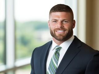 Fototapeta premium Confident bearded businessman in suit and tie smiling outdoors in corporate environment symbolizing leadership success and professional growth