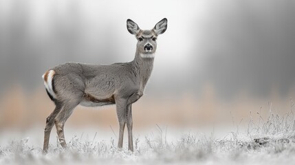 Obraz premium A solitary deer stands in a serene, snowy landscape.