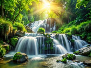 Fototapeta premium Milky Waterfall Cascade, Bokeh Background, Nature Photography