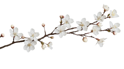 Blooming cherry tree branch with delicate white flowers on transparent background