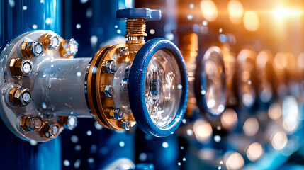 Close up of water treatment equipment with valves and pipes, showcasing industrial design and functionality