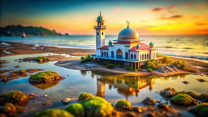 Fototapeta premium Miniature Coastal Mosque on Island at Low Tide - Tilt-Shift Photography
