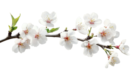 Blooming almond branch with delicate white flowers on transparent background