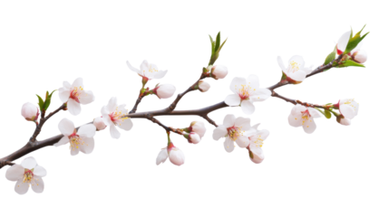 Blooming apricot tree branch with delicate white flowers on transparent background