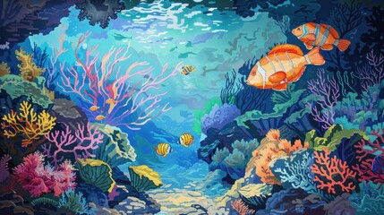 Vibrant underwater scene showcasing colorful coral reefs and diverse fish swimming in a tranquil ocean environment