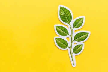 Green leaf sticker on vibrant yellow background eco-friendly nature concept representing environmental awareness sustainability and organic lifestyle in high-quality digital illustration