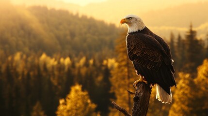 Fototapeta premium Majestic bald eagle perched on a branch at sunset, overlooking a golden forest.