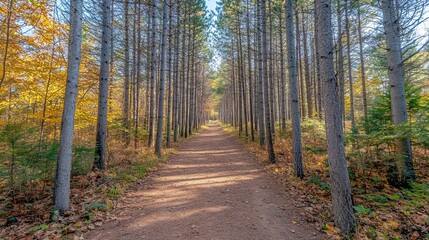Fototapeta premium Sunlit autumn path through tall pine trees.