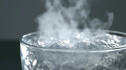 A transparent glass pot of boiling water with intense bubbling and steam