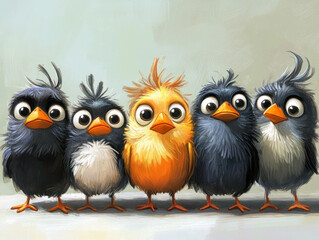 Fototapeta premium Five funny cartoon chicks with big round eyes and fluffy plumage. 