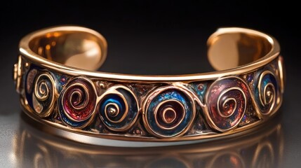 A unique gold-plated cuff with multicolored enamel swirls, reflecting light