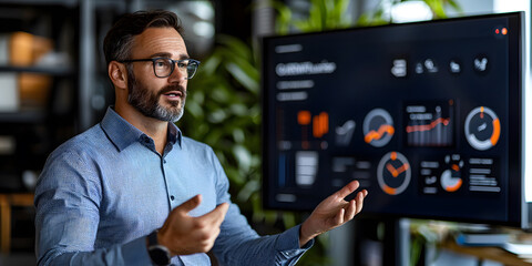 Business consultant presenting insights to executives in modern office digital analytics presentation professional environment