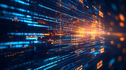 Abstract coding concept with glowing lines and symbols, symbolizing innovation and digital transformation.