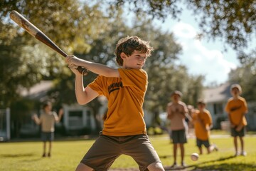 Fototapeta premium A boy playing baseball in a neighborhood park, determination