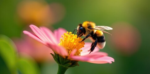 A bumble bee grasping a delicate petal of a flower in mid-air, nature, insect life, garden