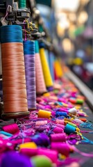 Colorful threads, city street background, textile industry, vibrant yarn spools