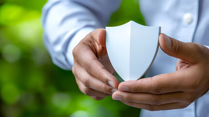 Businessman holding shield icon in nature cybersecurity concept protecting digital assets
