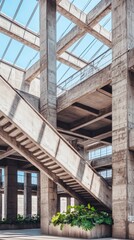 Fototapeta premium Concrete building interior, stairs, sunlight, plants. Architectural design