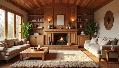 Cozy living room with wooden decor and fireplace