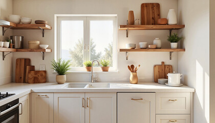 Modern kitchen interior with plants and natural lighting