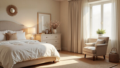 Cozy bedroom with light colors and natural decor