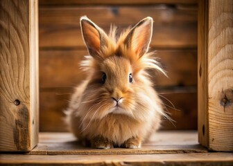 Obraz premium Minimalist Brown Lionhead Rabbit in Wooden Pen Stock Photo