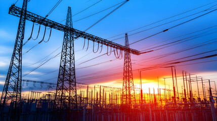Sunset over power lines and substation; energy infrastructure