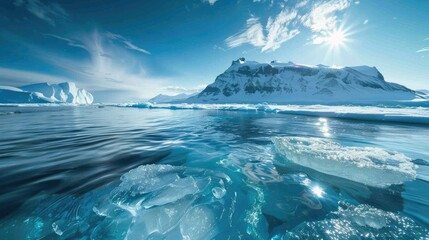 Fototapeta premium Serene Arctic Landscape with Icebergs and Glacial Waters Under a Bright Sunlight in a Tranquil Atmosphere