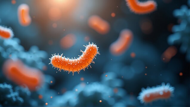 Close-up of rod-shaped Salmonella typhi bacteria: gram-negative, flagellated pathogens causing typhoid fever and systemic infections
