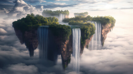 Fototapeta premium Surreal floating islands with gravity-defying waterfalls. Gravity-Defying Rivers. Illustration