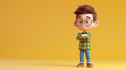 A cheerful young boy with glasses and a plaid shirt stands confidently against a bright yellow background