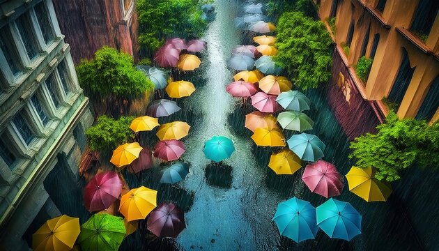 vista cenital de paraguas de colores de colores bajo una intensa lluvia en la ciudad